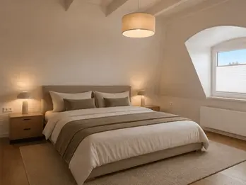 Modernes Schlafzimmer im Spitzgiebel mit großem Bett, heller Teppich, Nachtschränke