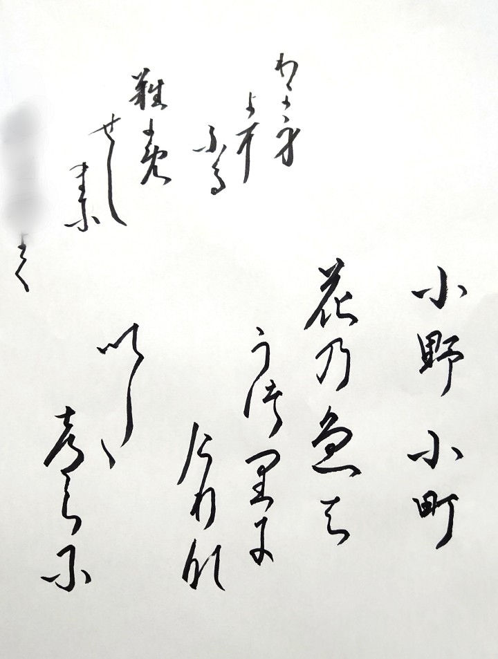 六本木の象寛書道教室の生徒さんたち 今週の作品から 百人一首は 9番目 小野小町の 花の色は うつりにけりな いたづらに わが身世にふる ながめせしまに です