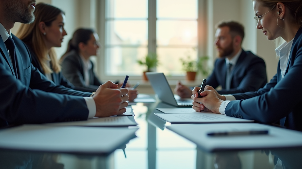 Eye-level view of a business meeting discussing intellectual property strategy