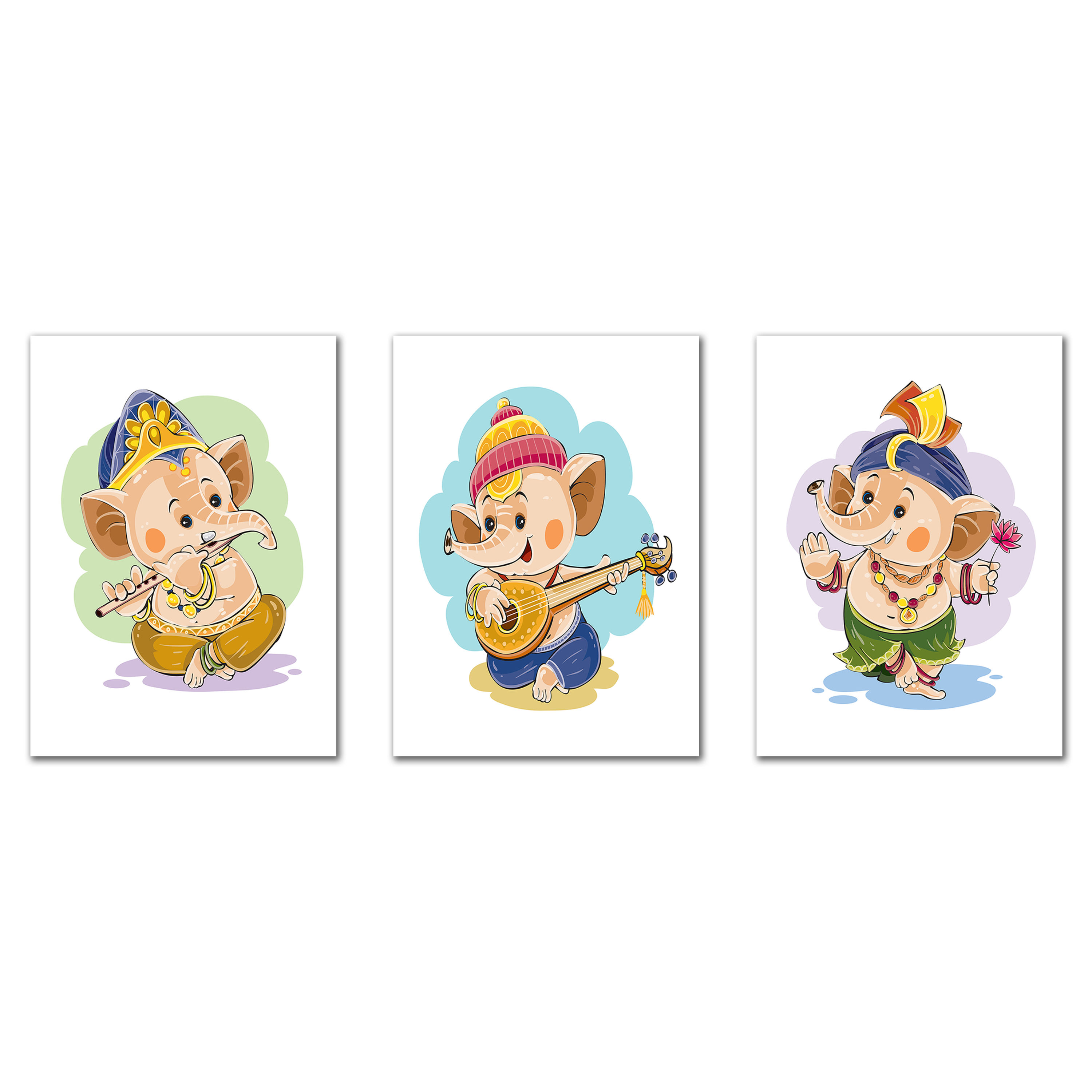 WENS "Musical Ganesha"  Set of 3 Sparkle Laminated Kids Wall Panels (61 x 28 cm)