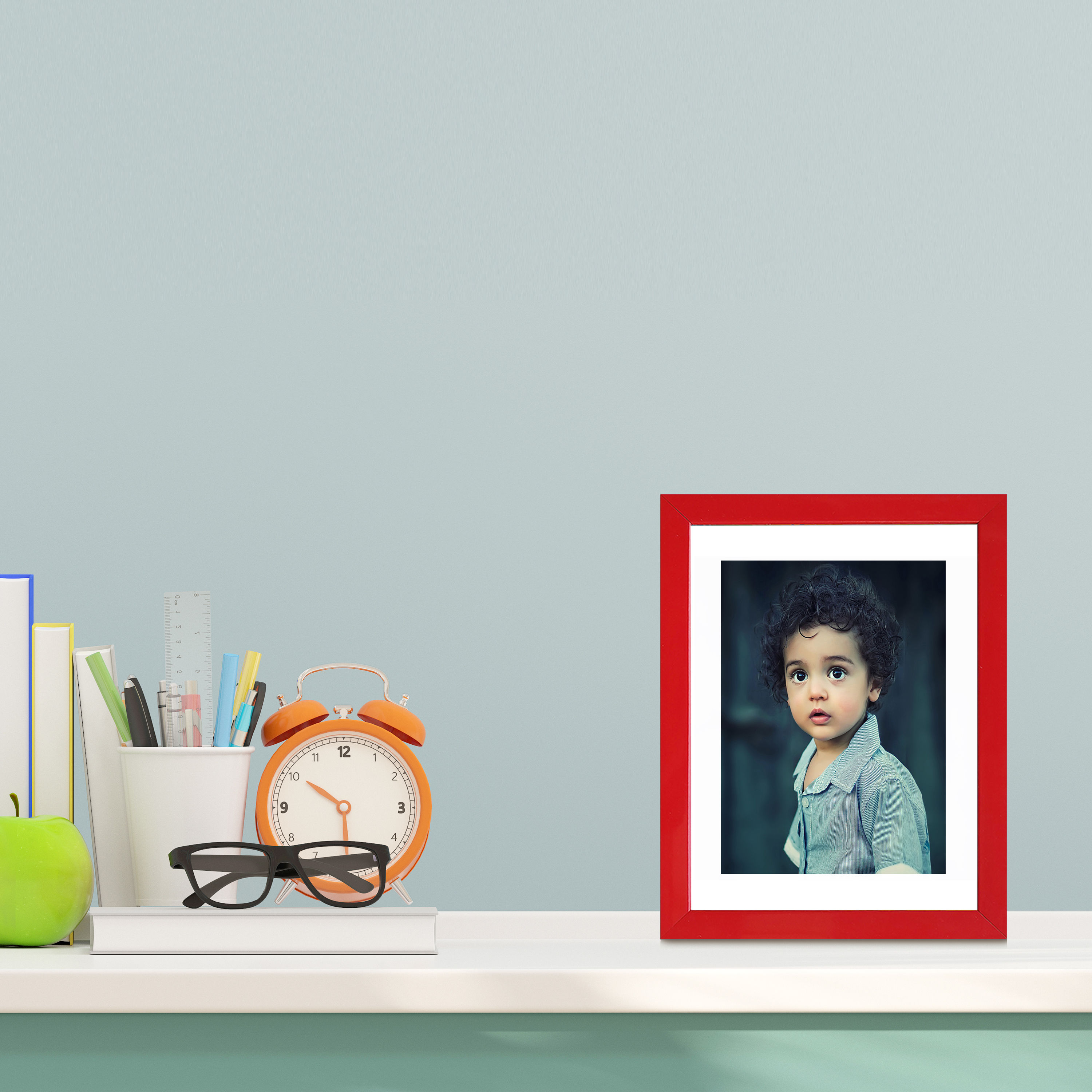 WENS Synthetic Wood Table & Wall Mounted Photo Frame With Mount - Red