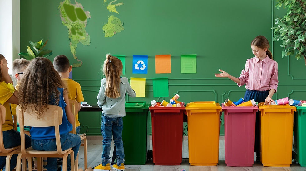 “Students participating in a classroom recycling activity with bins for paper, plastic, and glass.”