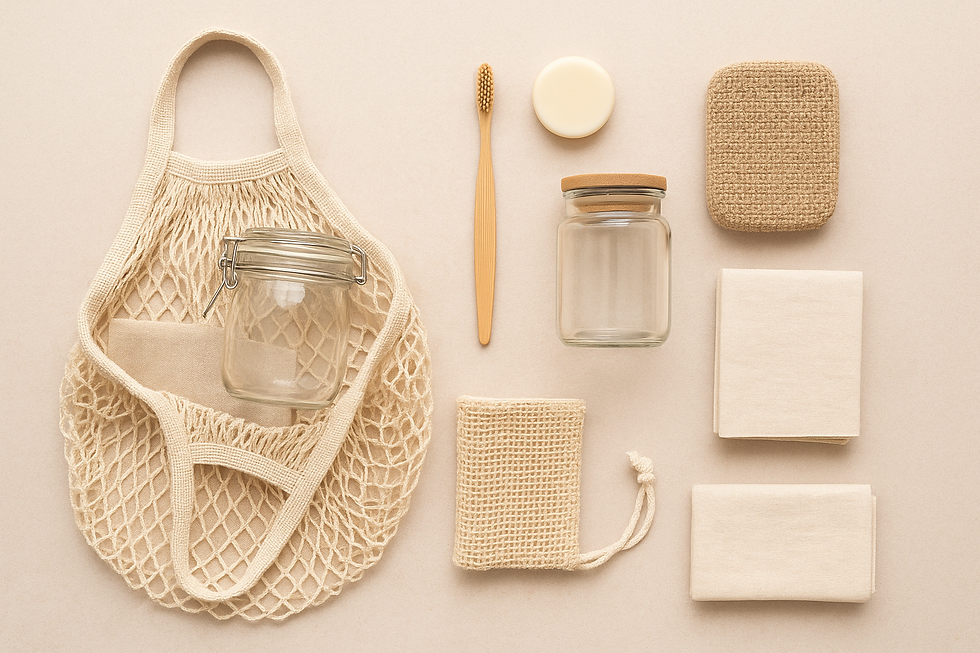 “Flat lay of sustainable lifestyle items like reusable bags, bamboo toothbrush, and glass jars.”