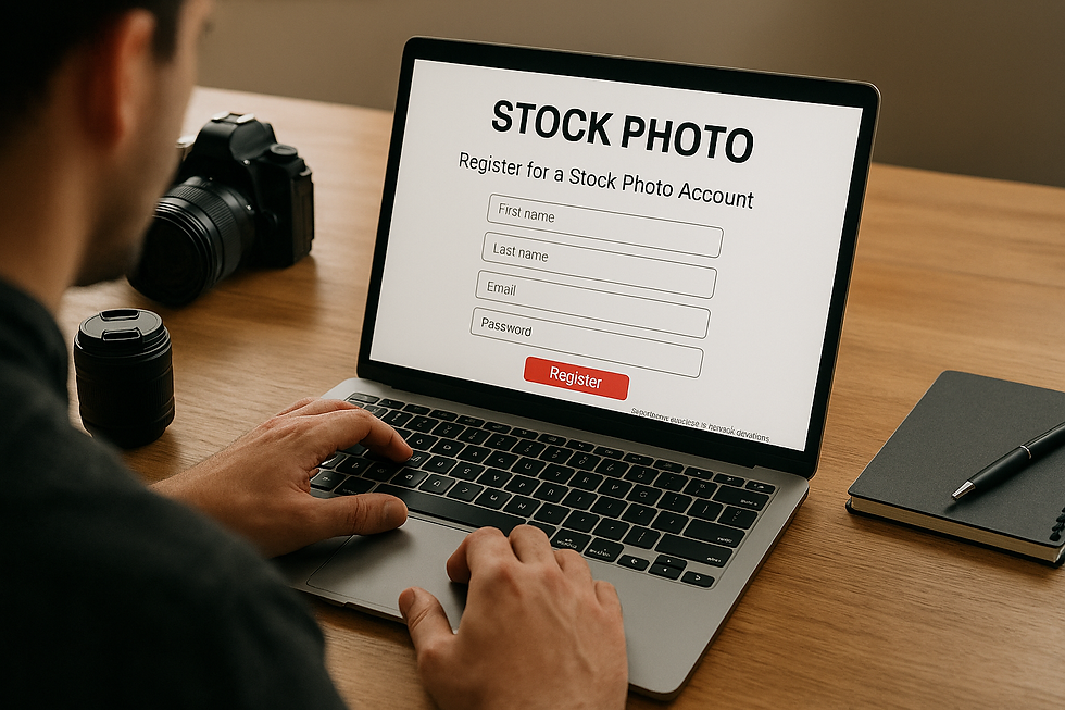 "Photographer registering for a Shutterstock Contributor account on a laptop at a desk."