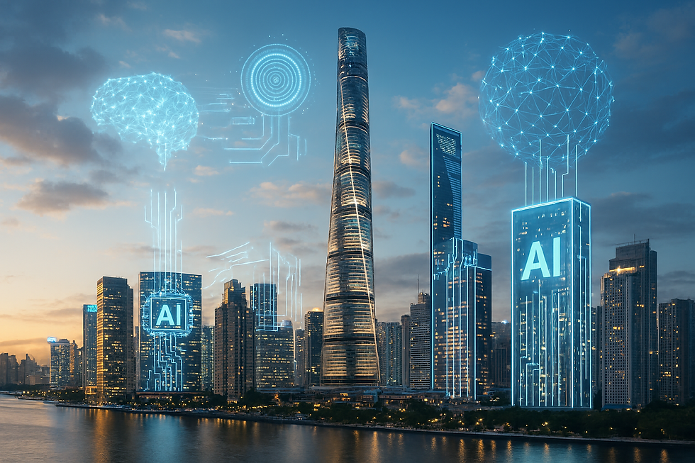 "Futuristic city skyline digitally enhanced with AI elements blended into real photography."