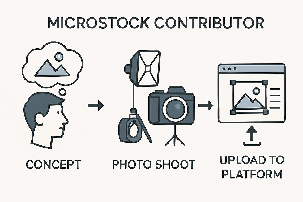  “Step-by-step visual showing the microstock contributor process from concept to platform upload.”