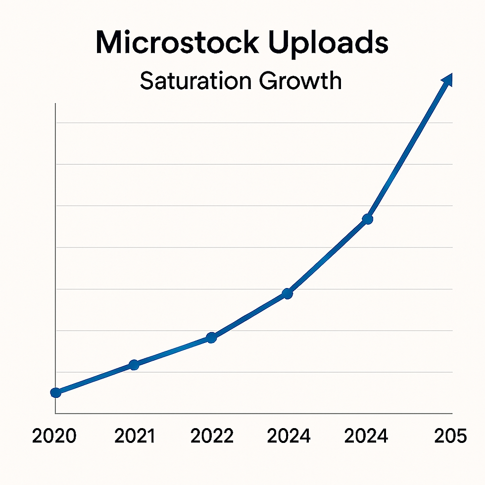 “Line graph displaying rapid increase in microstock uploads from 2020 to 2025, highlighting saturation growth.”