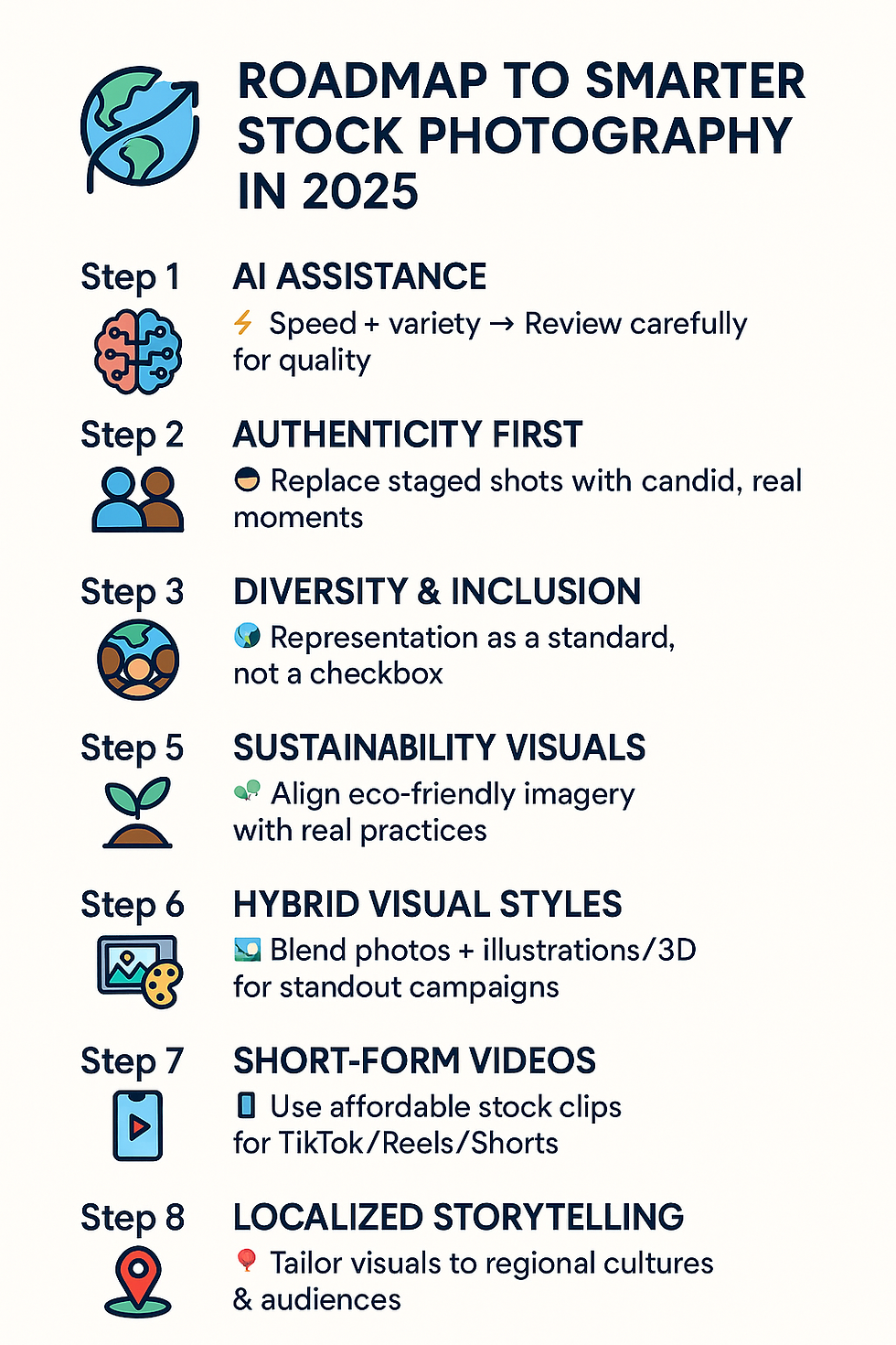 nfographic titled ‘Roadmap to Smarter Stock Photography in 2025’ showing 8 steps: AI assistance, authenticity, diversity & inclusion, workplace reality, sustainability, hybrid visual styles, short-form videos, and localized storytelling. Each step is paired with an icon and a short description.”