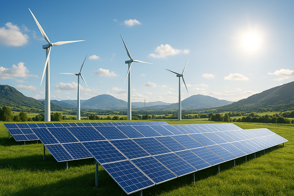 : “Landscape photo of wind turbines and solar panels representing renewable energy initiatives.”