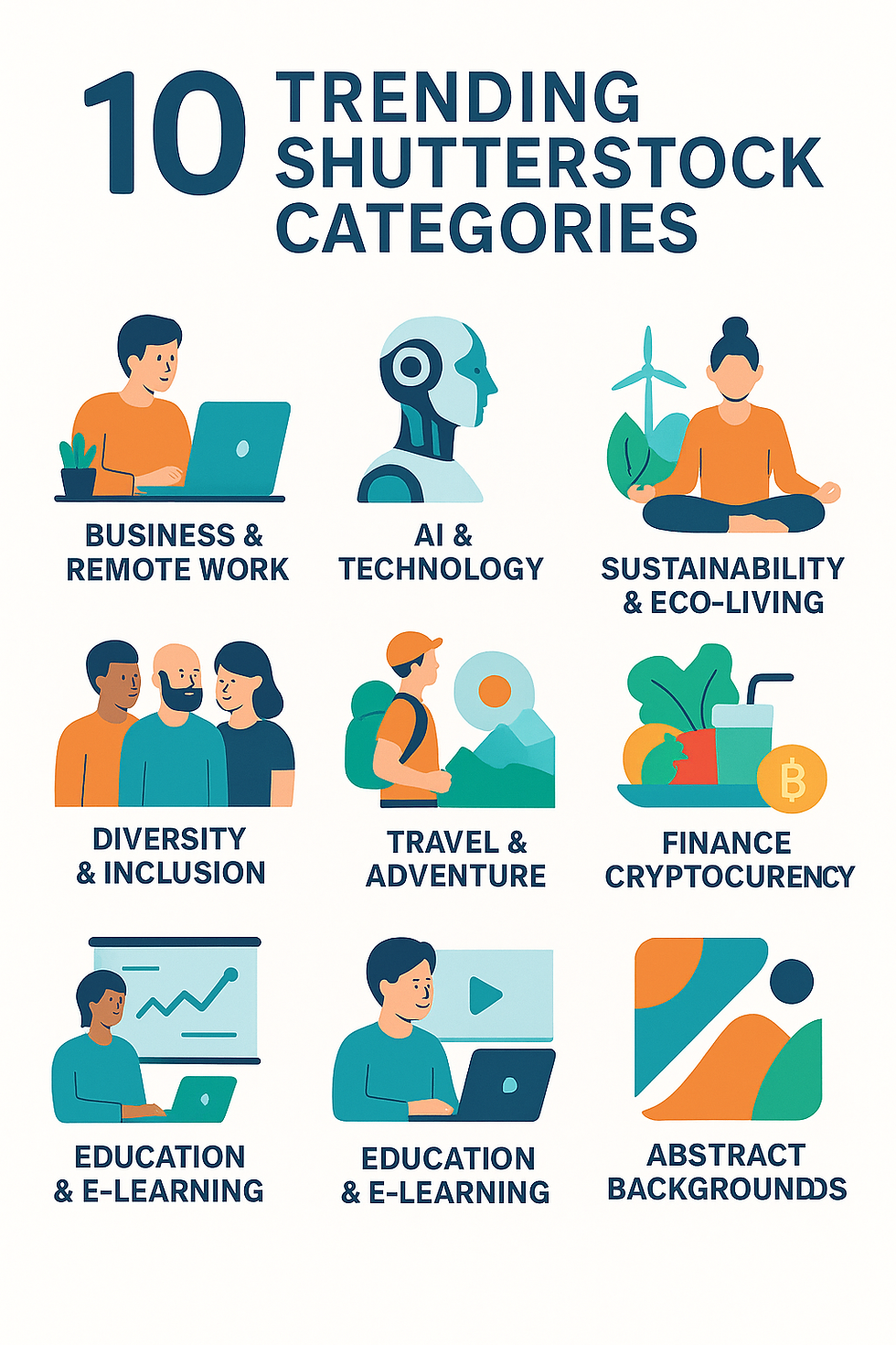 "Infographic summarizing 10 trending Shutterstock categories for contributors."