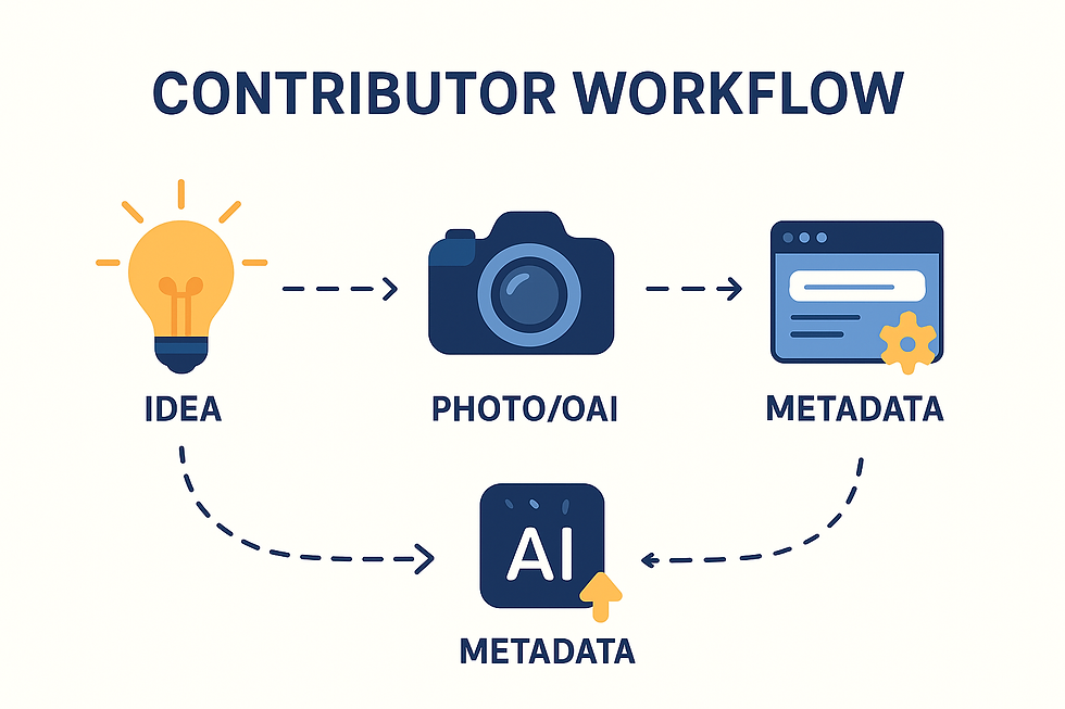 “Flat-style digital illustration infographic with roadmap-style icons representing steps of a contributor’s workflow from idea to upload.”