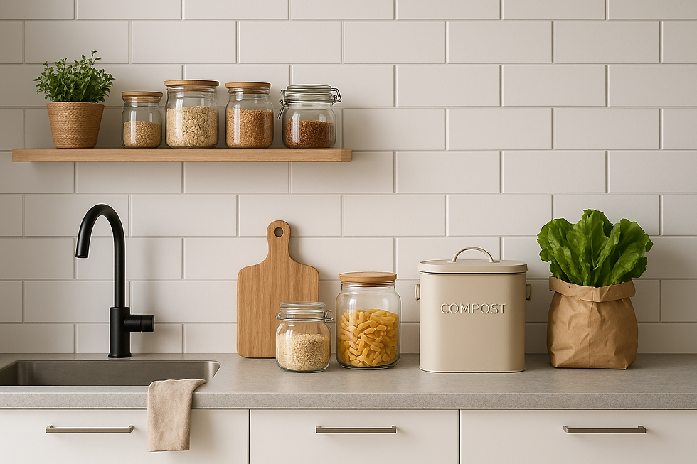 : “Modern minimalist kitchen with zero-waste lifestyle items like glass jars and compost bin.”