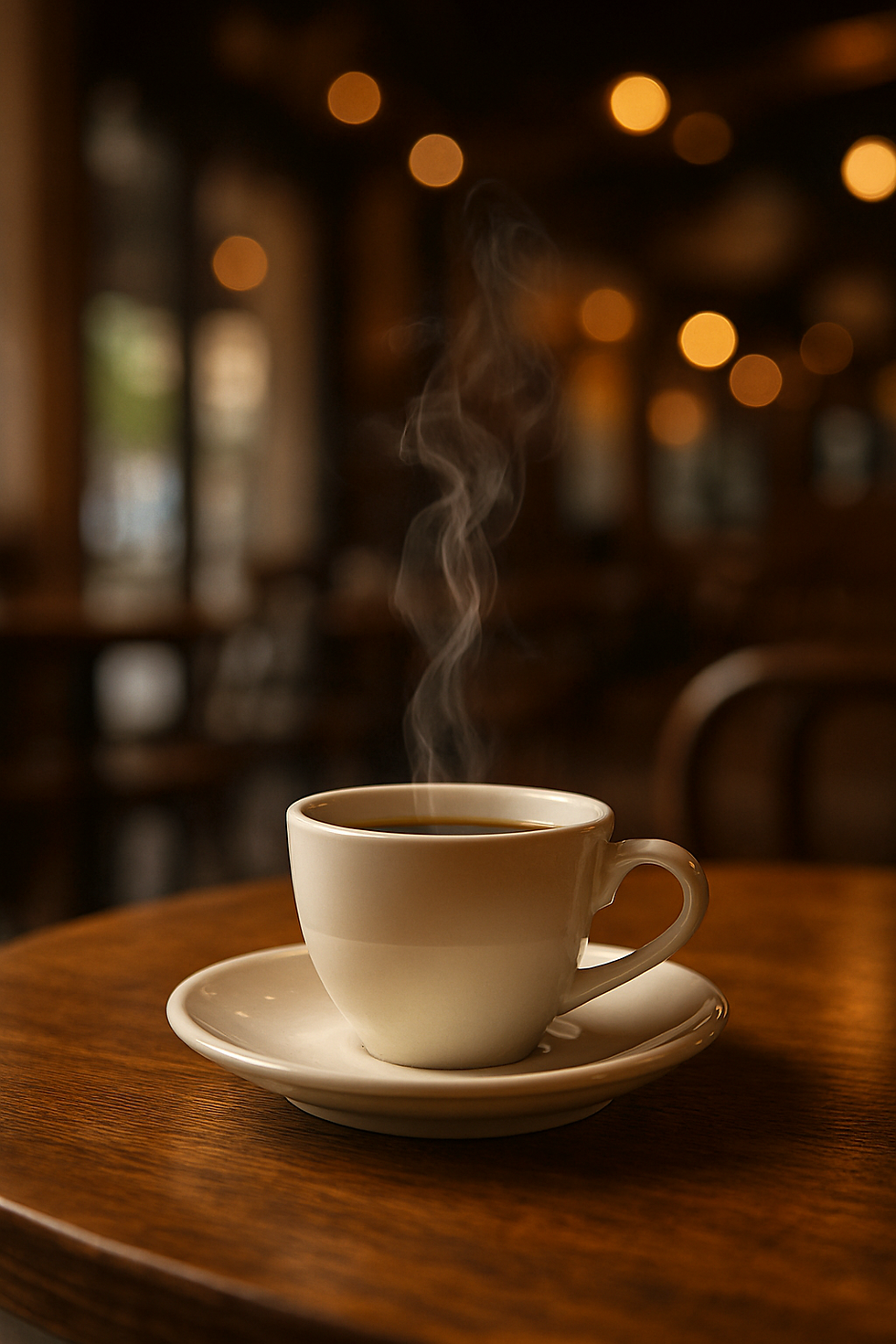  "Looping cinemagraph of a steaming coffee cup placed on a wooden café table."
