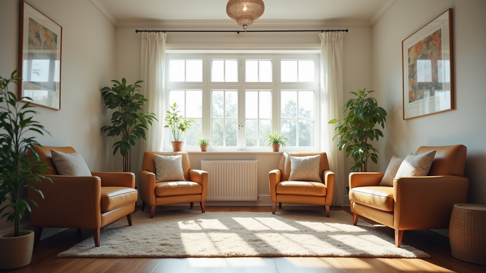 Eye-level view of a cozy counseling office with comfortable seating and calming decor