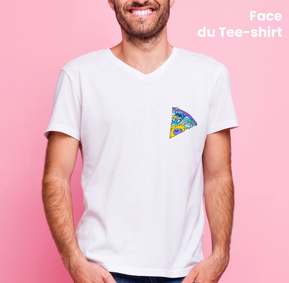 Tee-shirt Homme 2 faces Tootoons, modèle Pizza Bleu, texte personnalisable Col V