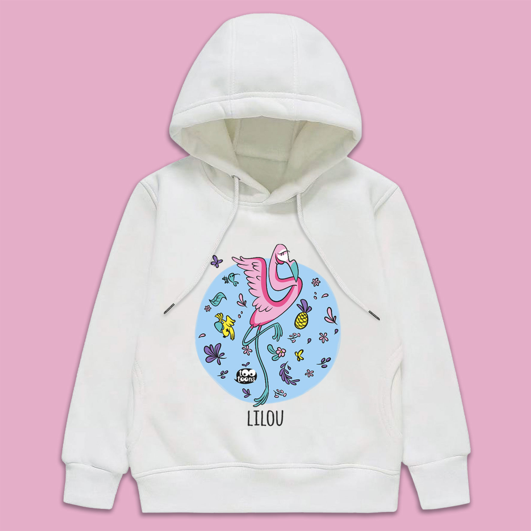 Sweat Blanc Enfant/Ado Tootoons, modèle Flamant rose, texte personnalisable
