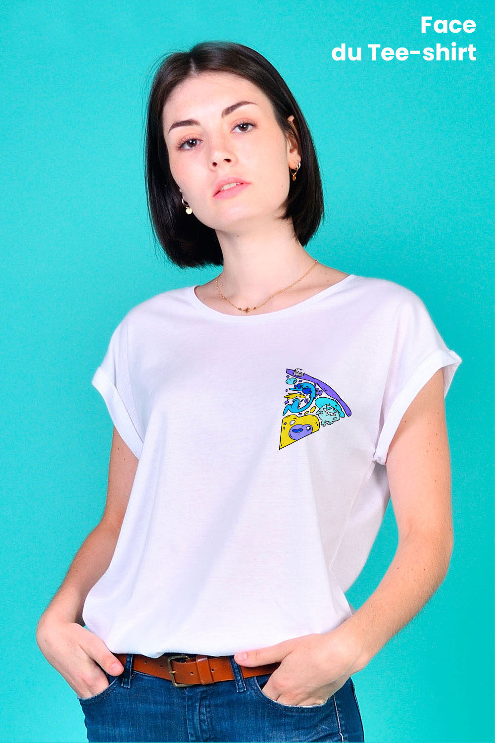 Tee-shirt Femme 2 faces Tootoons, modèle Pizza Bleu, texte personnalisable