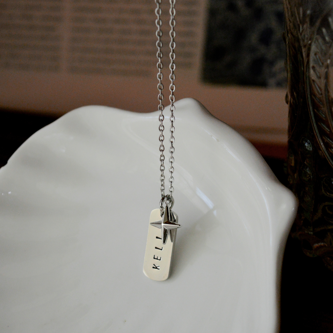 Stainless Steel Mini Star Necklace + Handstamped Pendant | Silver