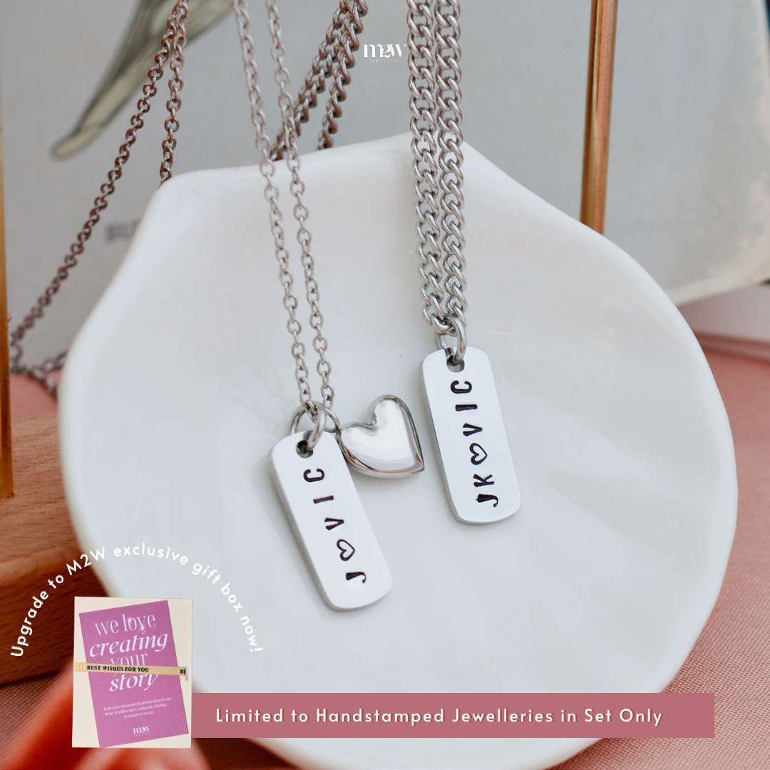 Stainless Steel My Love & Curb Chain Necklace+ Handstamped Pendant: Bar