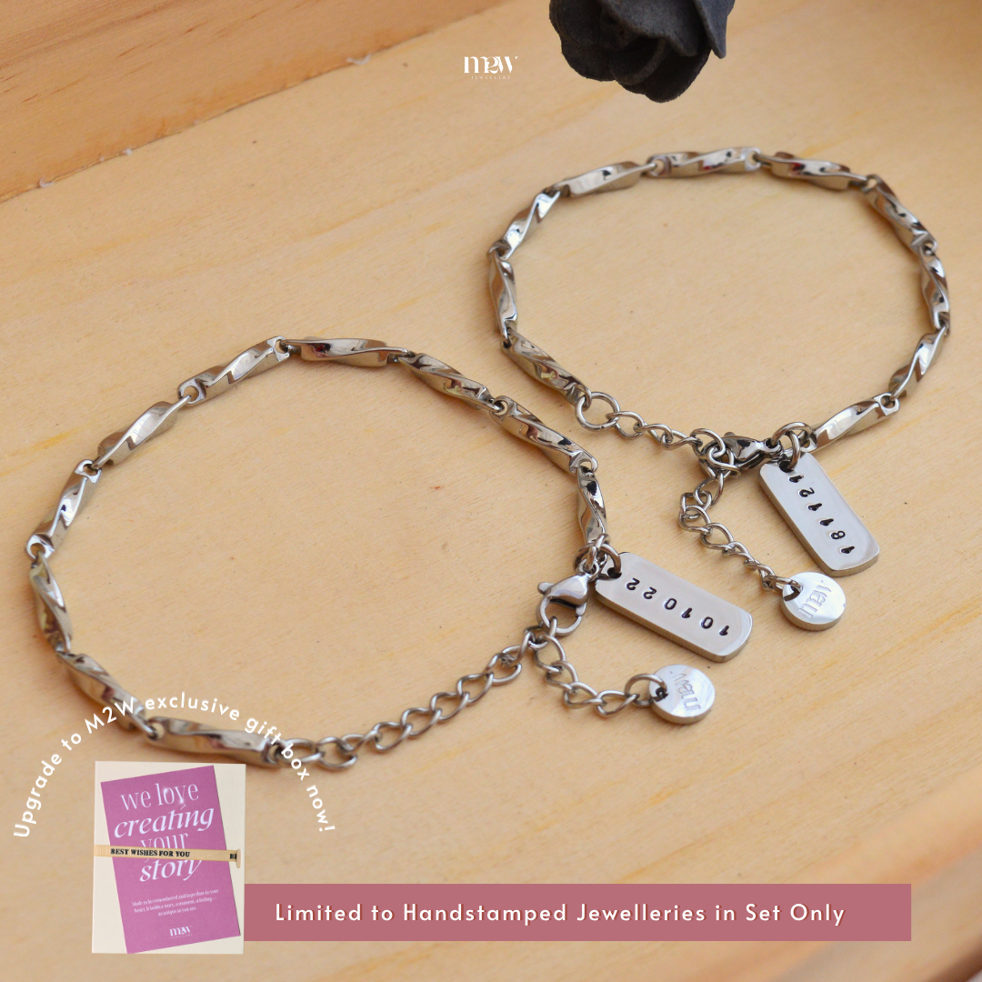 Stainless Steel Mobius Twist Infinity Couple Bracelets + Handstamped Pendant
