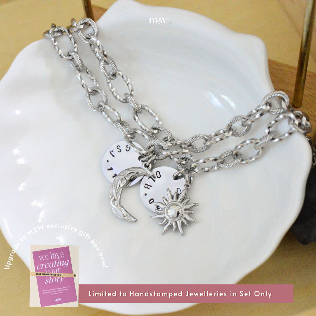 Stainless Steel The Galaxy (Moon & Sun)with HipHop Bracelet+ Handstamped Pendant
