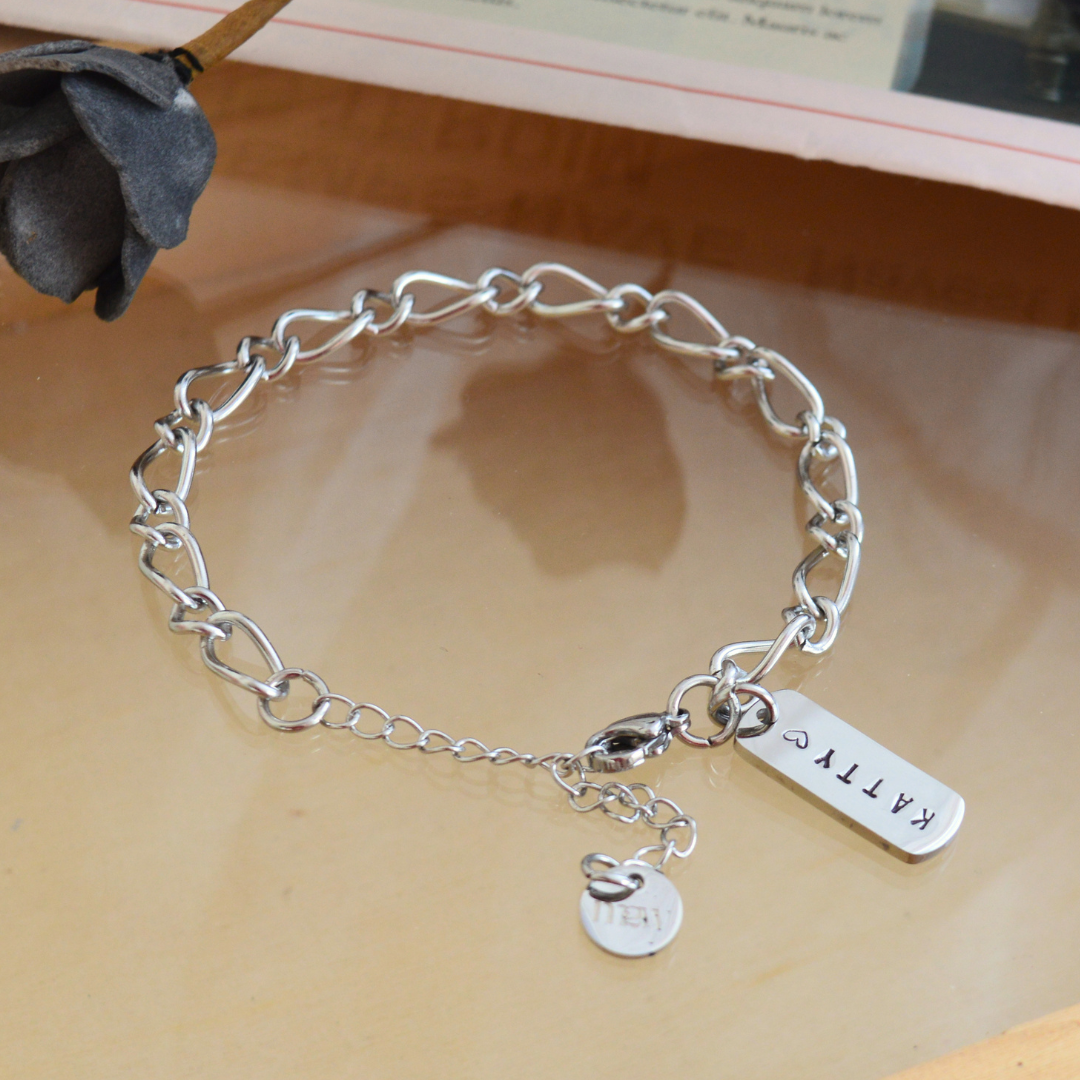 Stainless Steel Bamboo Chain Bracelet+ Handstamped Pendant