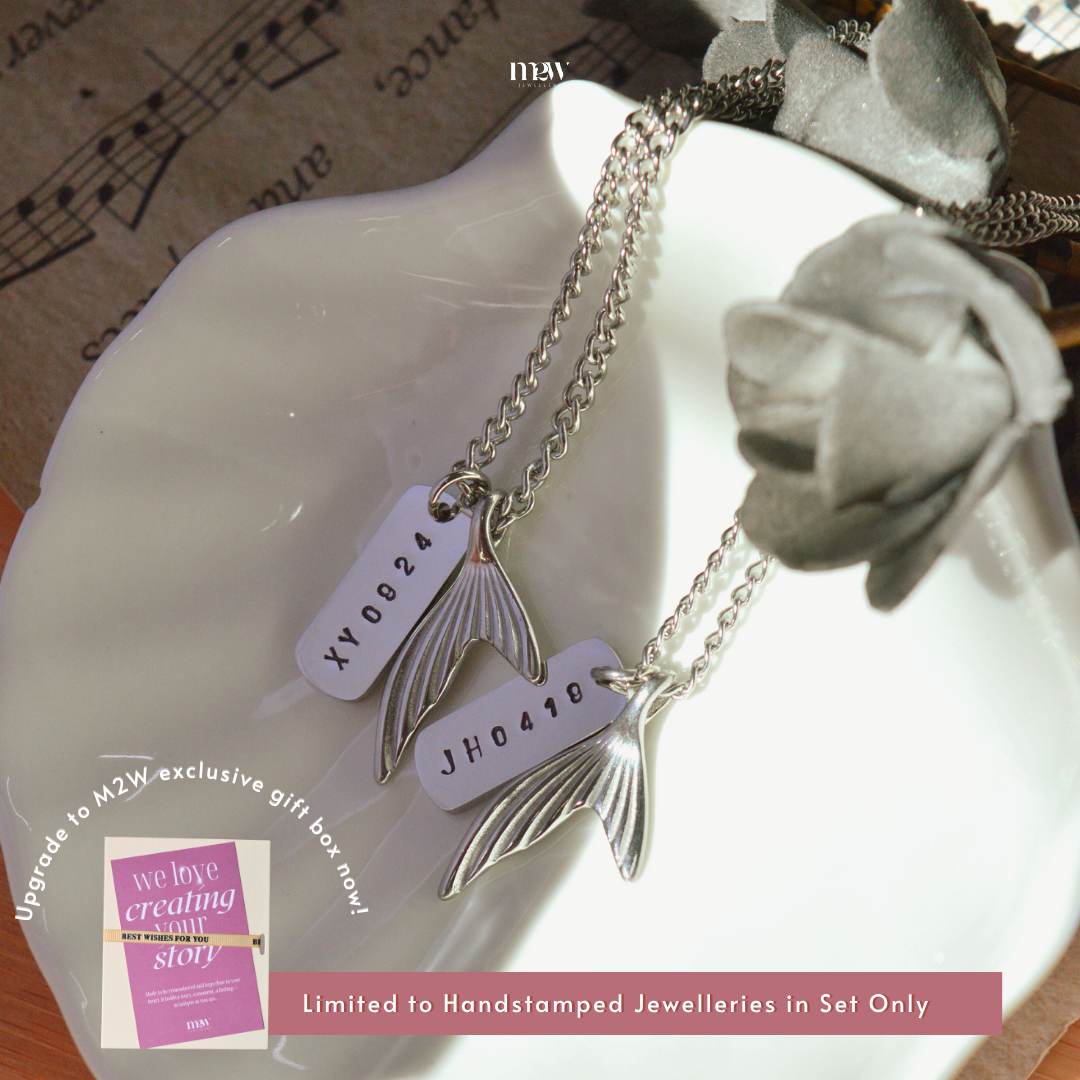 Stainless Steel Mermaid Tail Couple Necklace+ Handstamped Pendant: Bar shape
