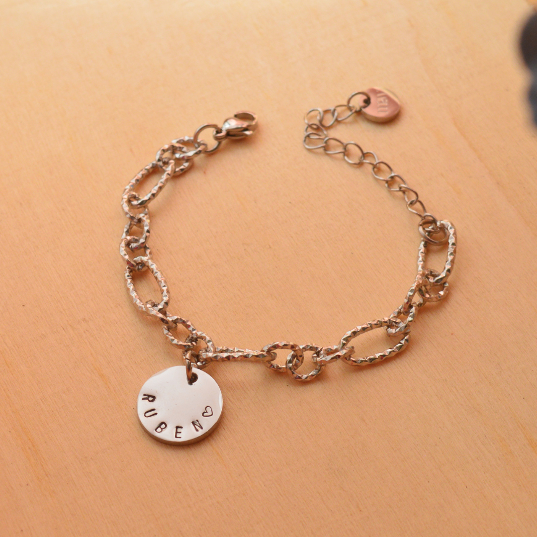 Stainless Steel Icing Sparkle Chain Bracelet+ Handstamped Pendant