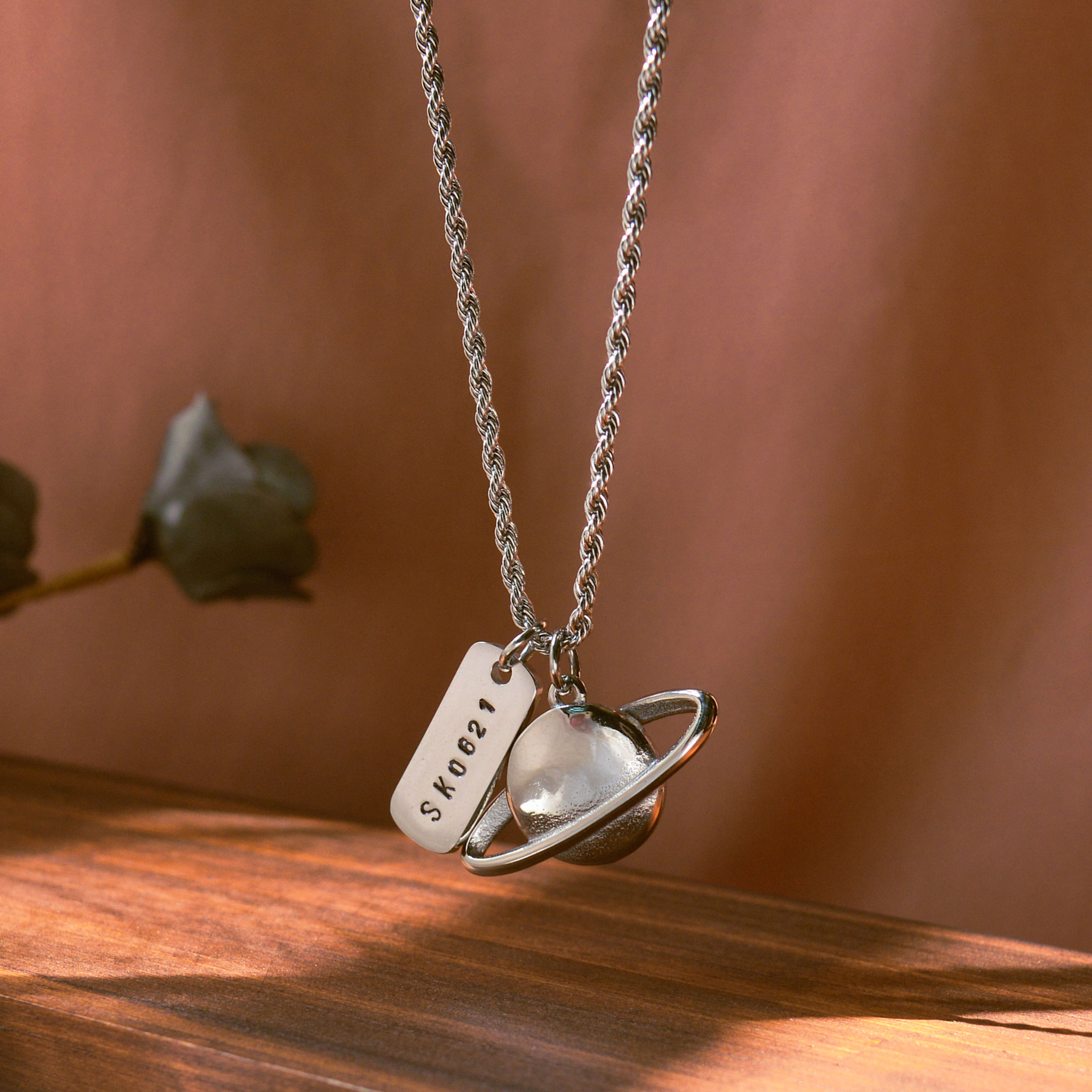 Stainless Steel Planet Twisted Necklace + Handstamped Pendant