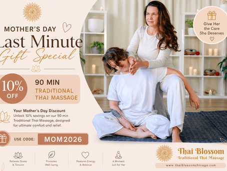 Mother’s Day Thai massage session with therapist stretching client on mat, promoting 10% off 90-minute Traditional Thai Massage with code MOM2026