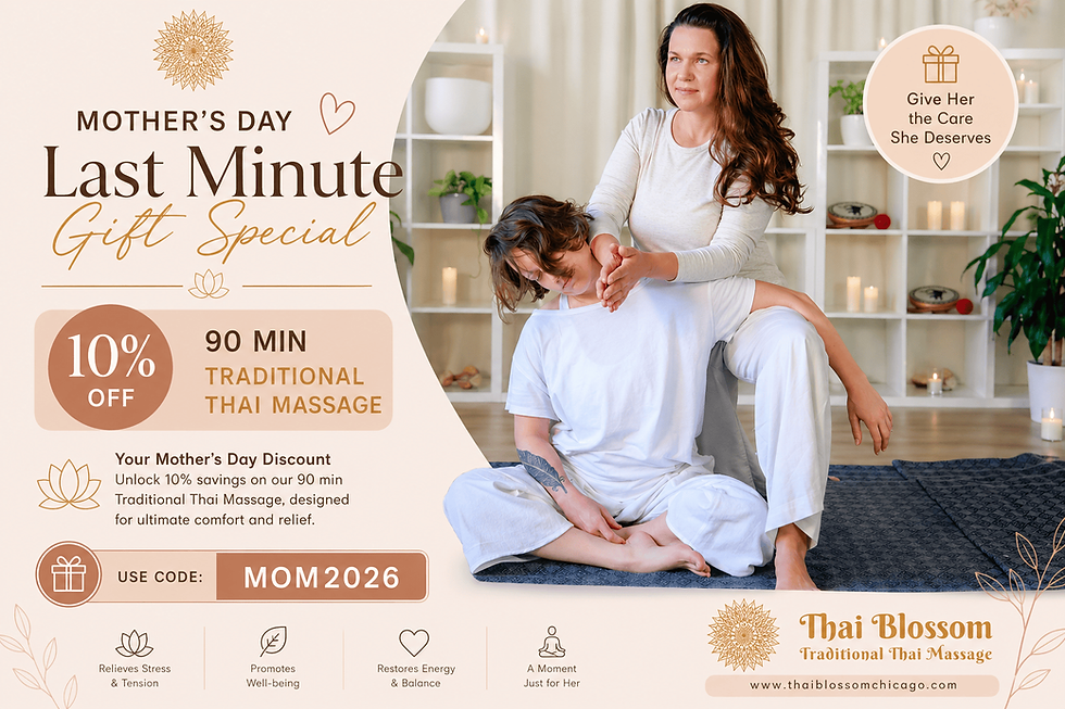Mother’s Day Thai massage session with therapist stretching client on mat, promoting 10% off 90-minute Traditional Thai Massage with code MOM2026