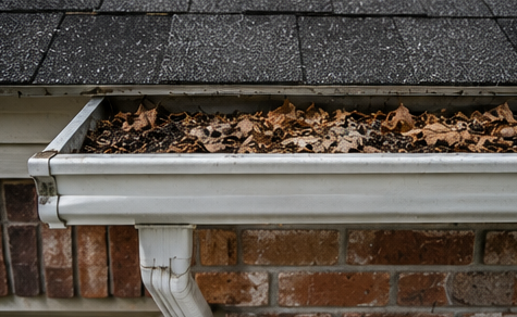 Gutter clogged with pine needles and roof debris before protection