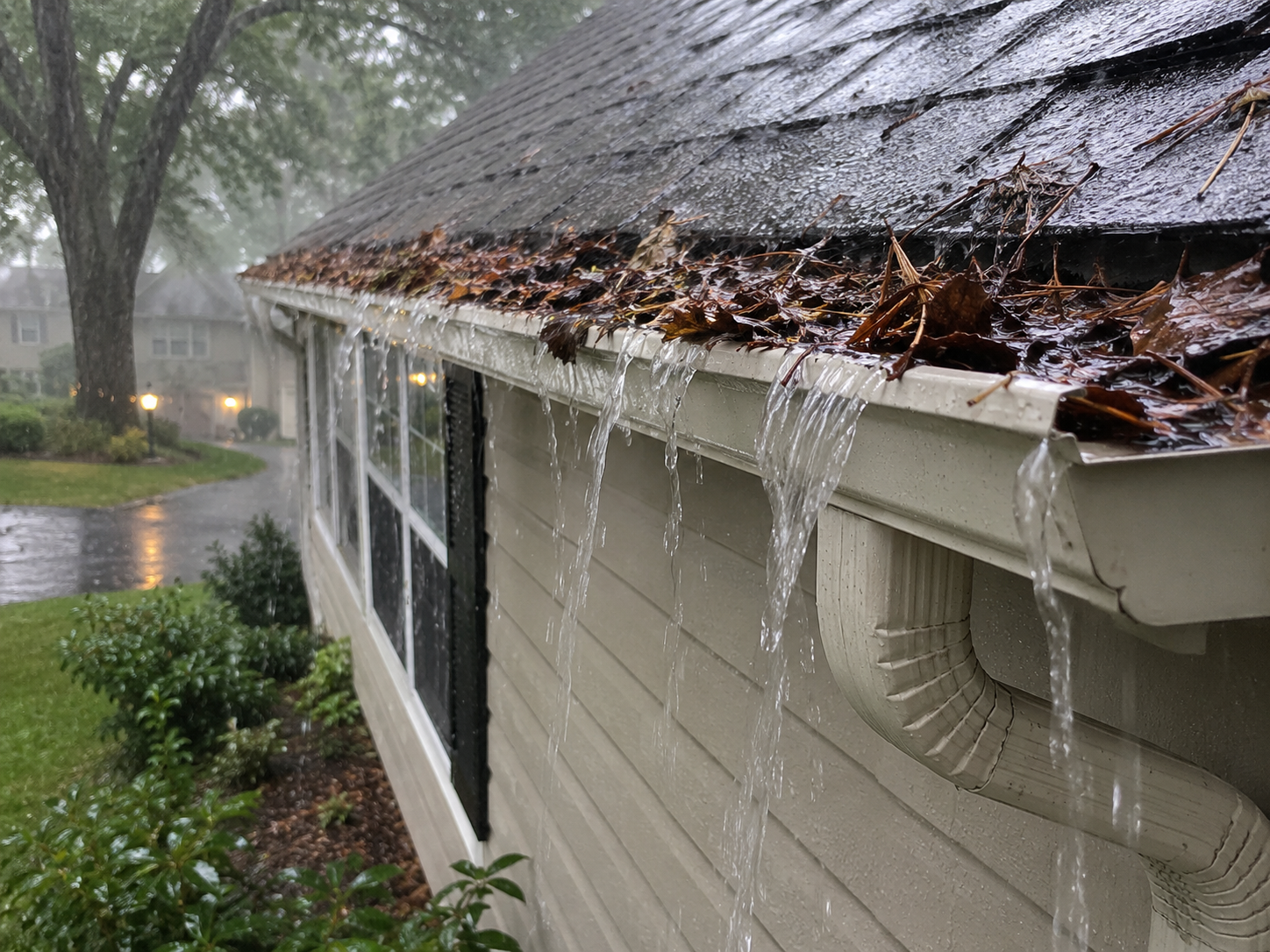 Gutter overflow near a Colorado home before gutter protection
