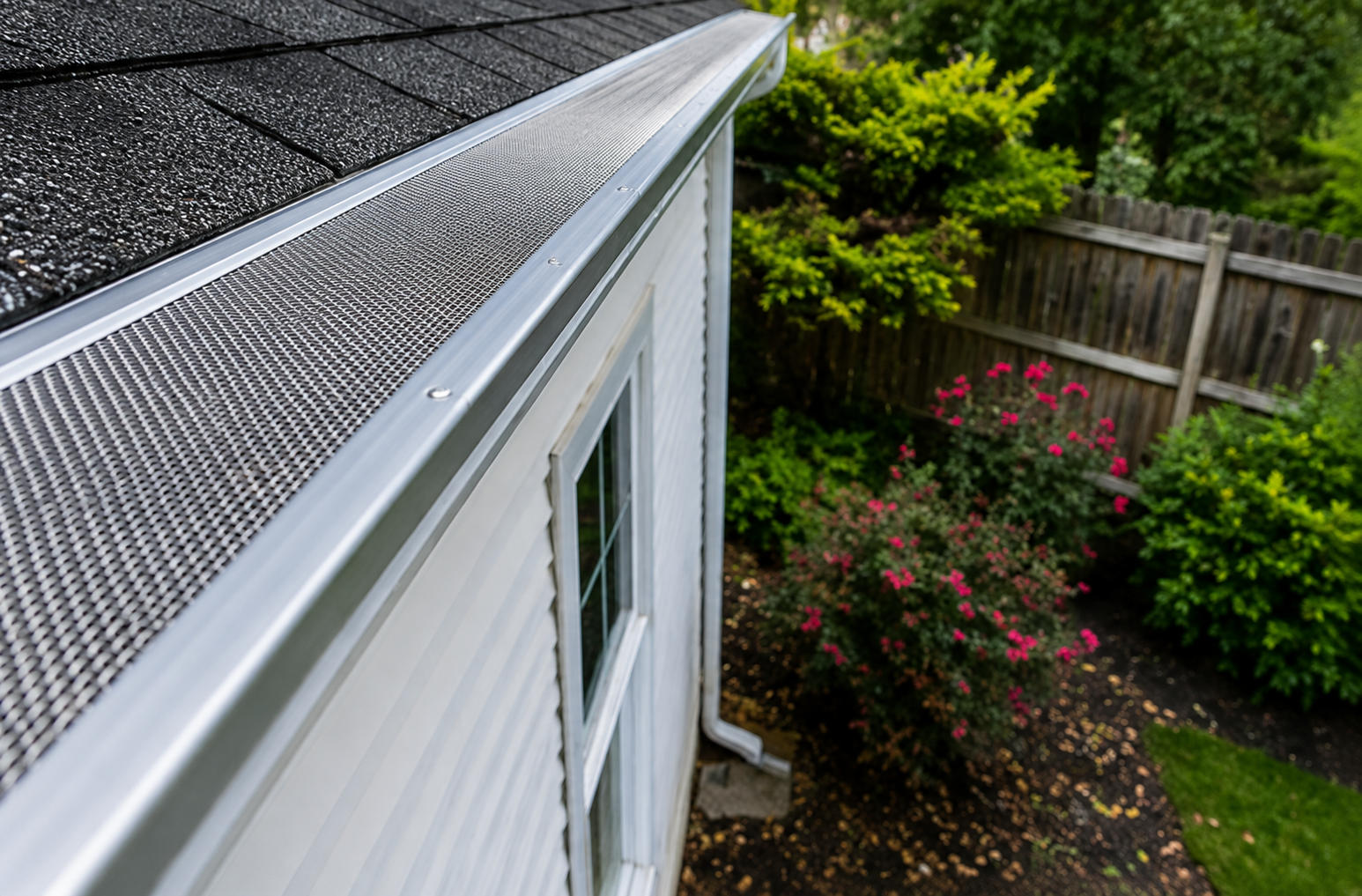 Clean finished gutter guard installation along a home roofline