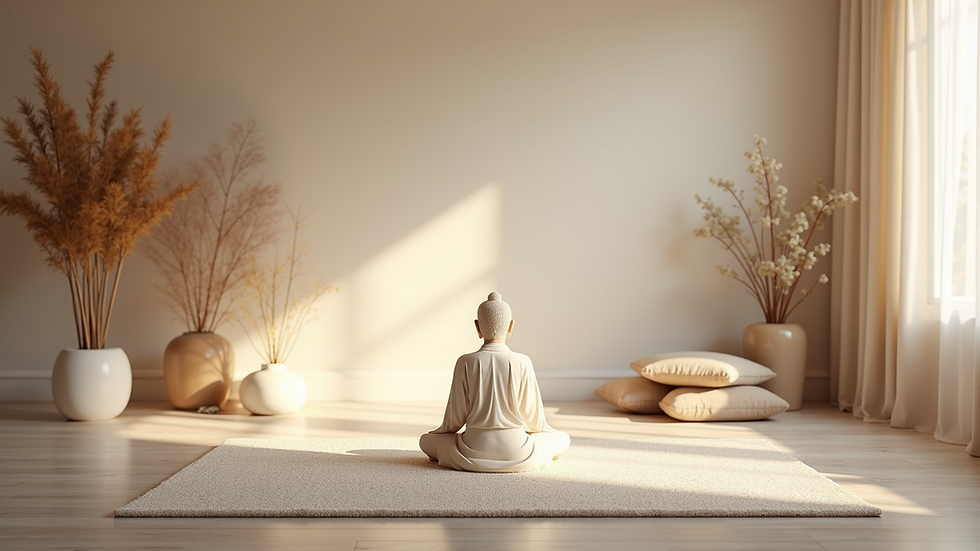 Eye-level view of a serene meditation space with calming decor