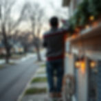 Wide street-level shot from behind a young Hispanic man standing on a ladder, faced away f