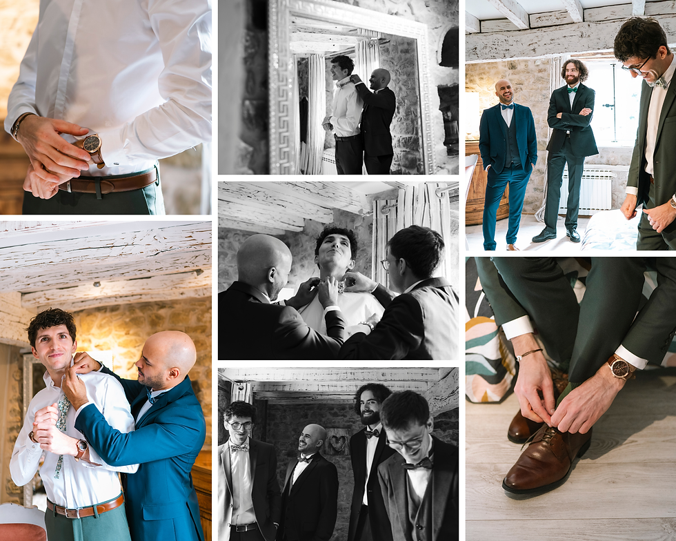 Collage photo d'un mariage au Domaine de Montfriol pendant les préparatifs du marié dans la chambre nuptiale