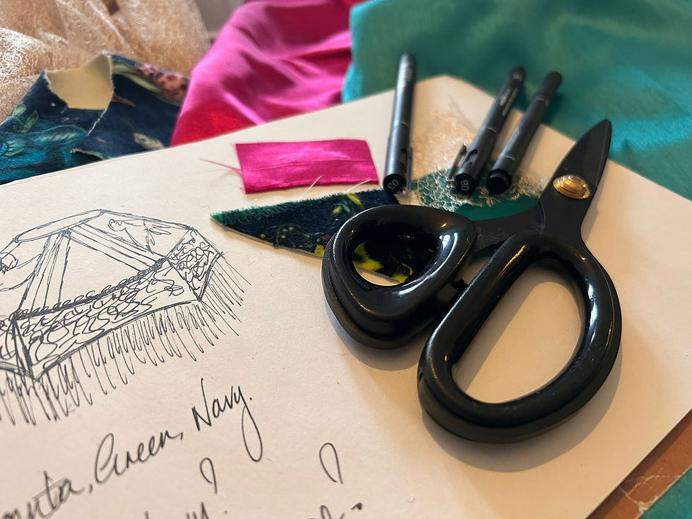 A sketch with fabrics, pens and scissors. 