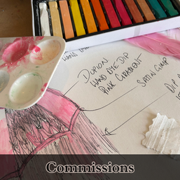A sketch pad with a sketch and watercolour pastels.