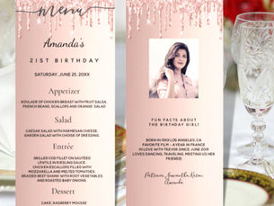 Hot Deals! Birthday Menu rose gold glitter photo fun facts