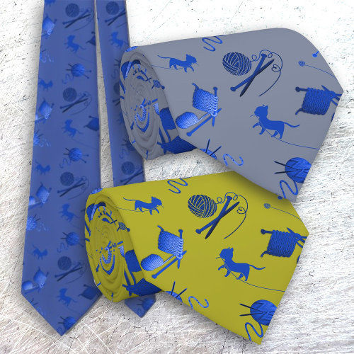 Hot Review! Knitters Tie Yarn Needles Cats Blue Pattern