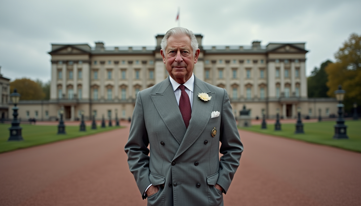 Eye-level view of King Charles standing in front of Buckingham Palace