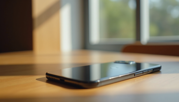 Eye-level view of iPhone 16 Pro Max displayed on a wooden table