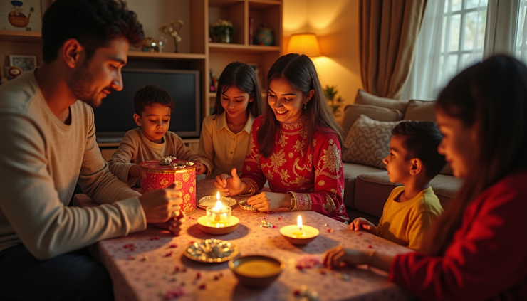 High angle view of a family exchanging Lohri gifts and sweets at home