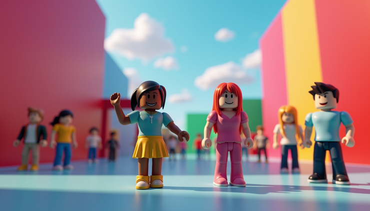 Eye-level view of a colorful Roblox game world with avatars interacting