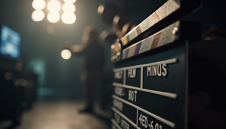 Close-up view of a film clapperboard on a movie set