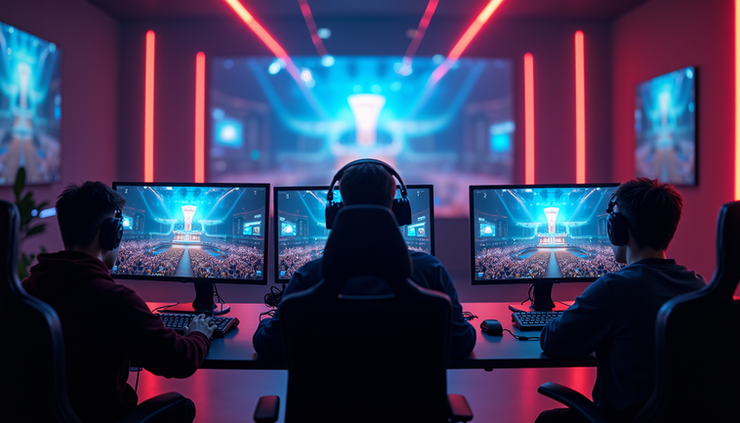 High angle view of a gaming setup with multiple screens showing The Game Awards live stream