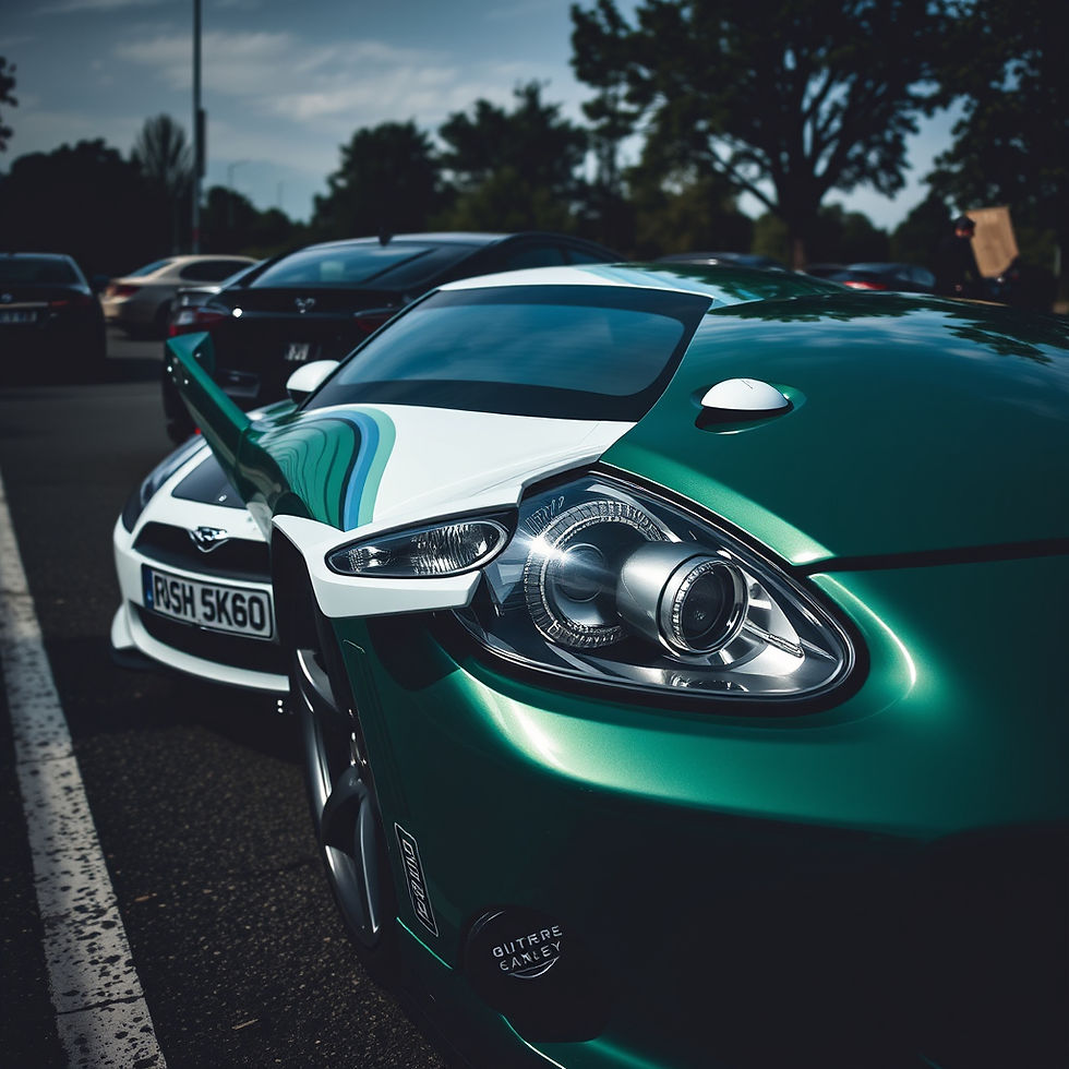 Green sports car parked, white car behind, other vehicles in parking lot