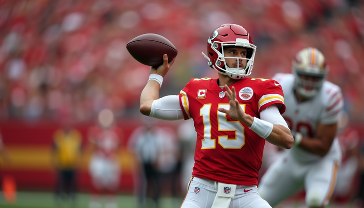Close-up view of Patrick Mahomes throwing a football during a game