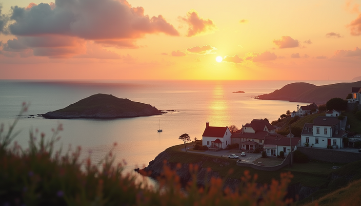 Eye-level view of a peaceful coastal village at sunset